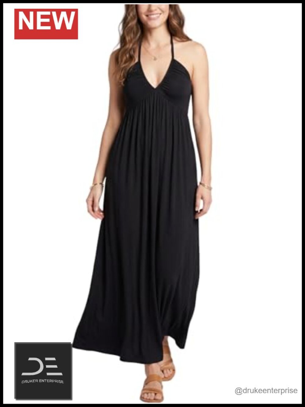 Women's Stretch Knit Empire Waist Halter Maxi Dress
